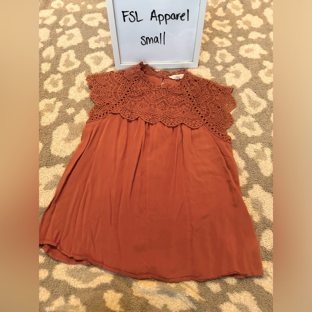 FSL Apparel Top- rust-ish colored. Super cute lace detail.